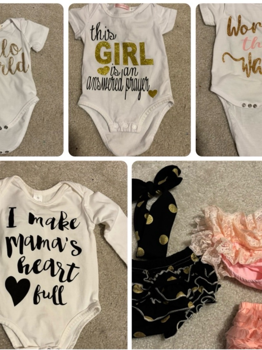 Girls White Onesies with Text - size 6-12 months with headband and diaper covers